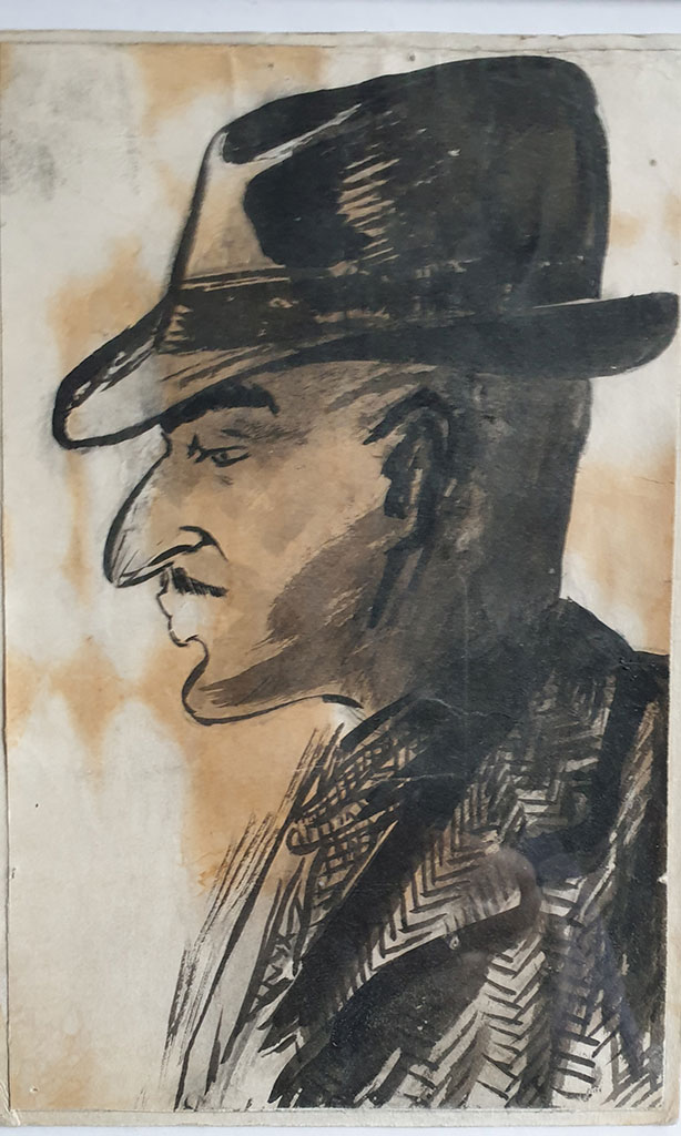 «Автопортрет в шляпе», бумага, тушь, 1950 гг..,Михаил Вержбинский