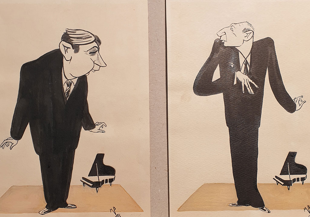 «Музыковеды Ю. Я. Вайнкоп (слева) и А. Н. Должанский (справа)», бумага, тушь, 1955 г., Михаил Вержбинский