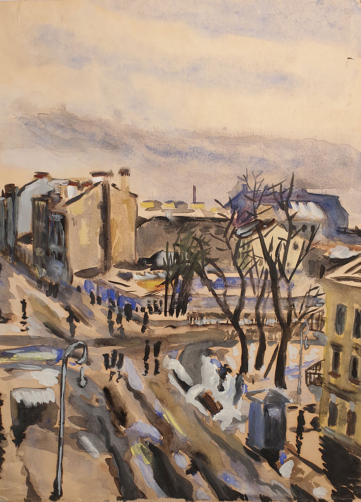 «Васильевский Остров.Угол Большого проспекта и 4-ой линии», бумага, гуашь, 1950 гг., Михаил Вержбинский