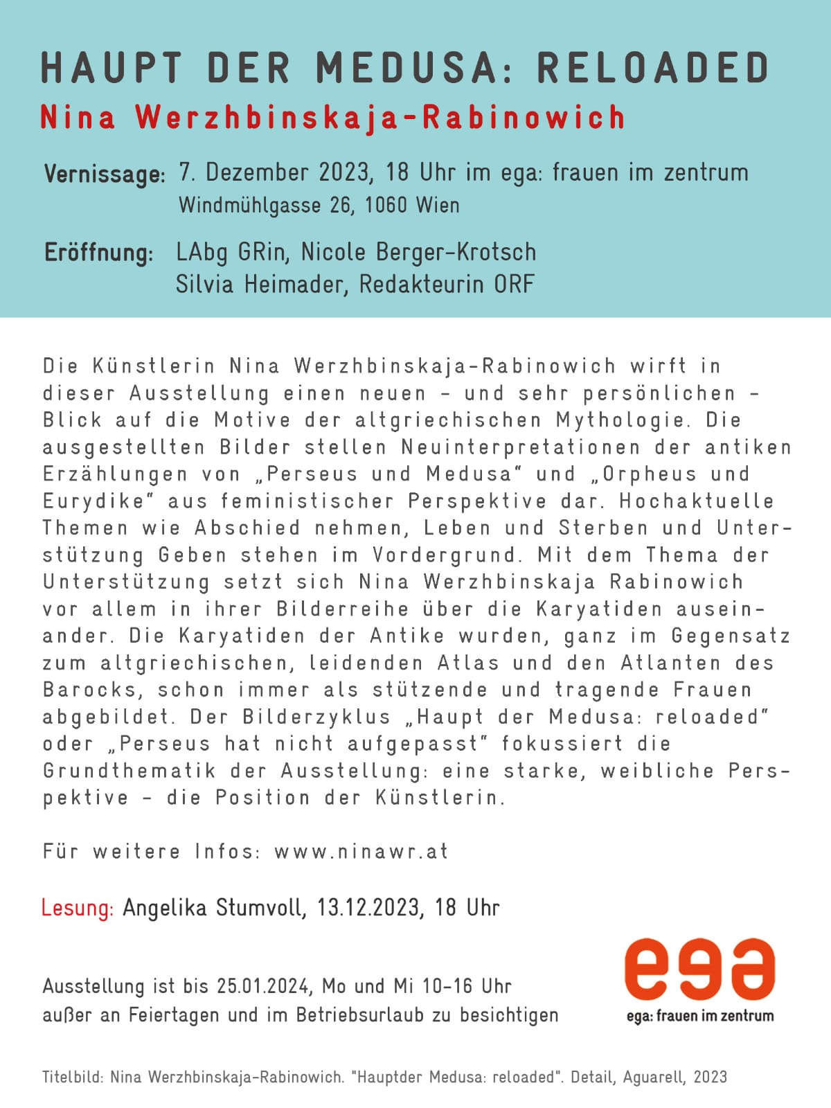 Flyer: Haupt der Medusa: reloaded, vernissage am Donnerstag 07 Dezember 2023 um 18 uhr Flyer: Haupt der Medusa: reloaded, vernissage am Donnerstag 07 Dezember 2023 um 18 uhr