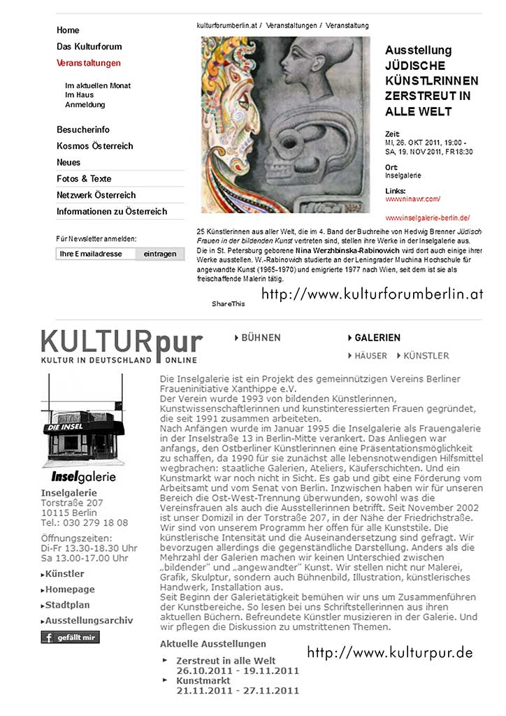 Information in Österreichischem Kulturforum Belin über die Austellung "Zerstreut in alle Welt. Jüdische Malerinnen zu Gast in Inselgalerie"