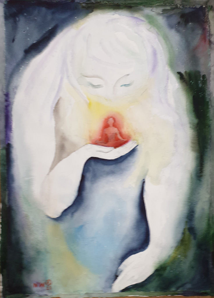 "Легенда о найденном мальчике“, акварель на бумаге, 70 x 50 cм, 2021, художница Нина Вержбинская-Рабинович 