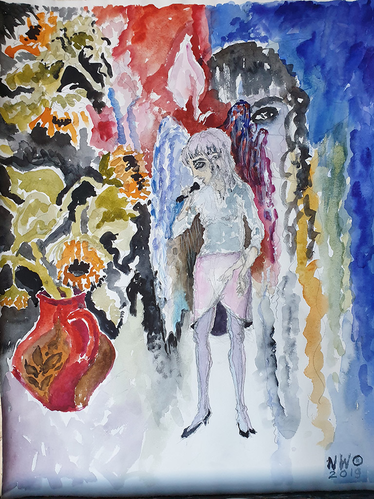 «Трясущаяся певица, нарисованная трясущейся рукой», карандаш и акварель на бумаге 65 х 50 см, 2019, художница Нина Вержбинская-Рабинович