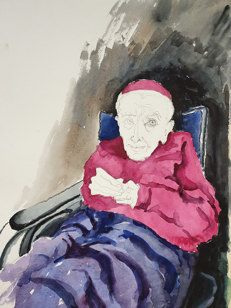 «Трясущийся кардинал, нарисованный трясущейся рукой»,  карандаш и акварель на бумаге 70 х 50 см, 2019, художница Нина Вержбинская-Рабинович