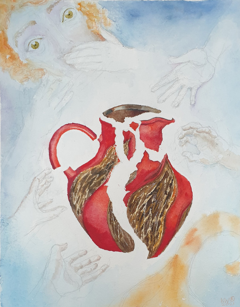 "Разбитый кувшин“, акварель на бумаге, 65 x 50 cм, 2021, художница Нина Вержбинская-Рабинович