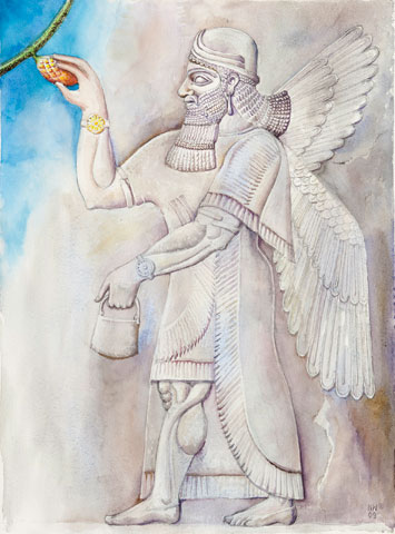 Geflügelter Geist vor dem heiligen Baum